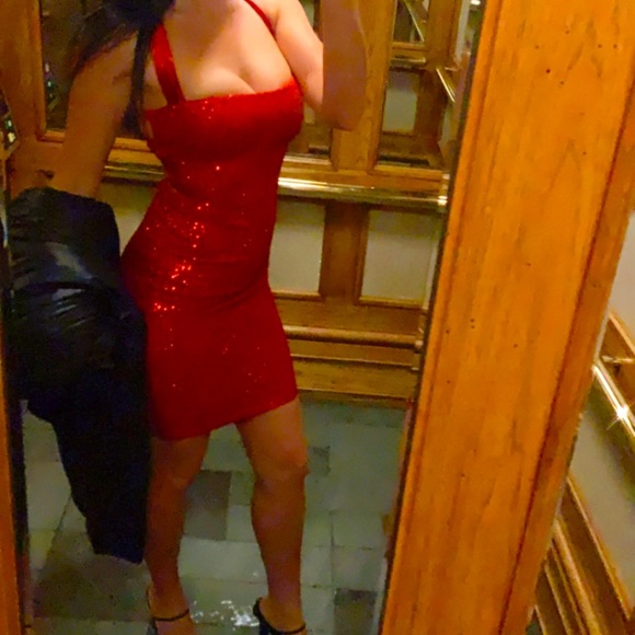lace up back red sparkle dress - Picture 2 of 2